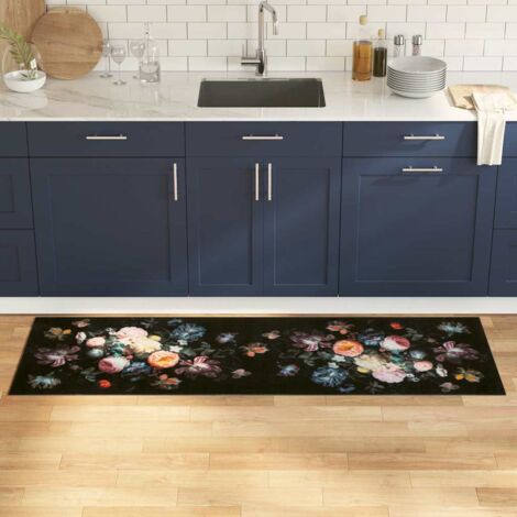 Küchen Teppich Floral Schwarz 180 x 60 cm Samt vidaXL