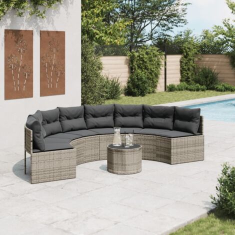 Gartensofa mit Tisch und Kissen Halbrund Grau Poly Rattan vidaXL