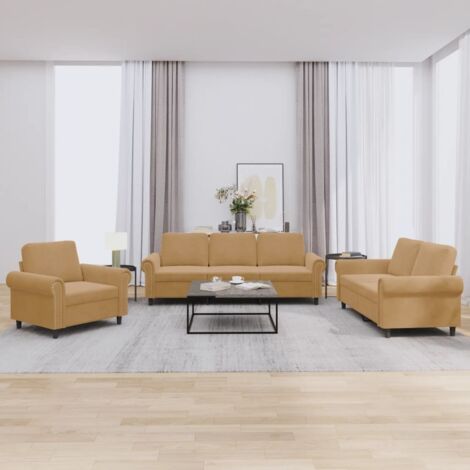 3-tlg. Sofagarnitur mit Kissen Braun Samt vidaXL
