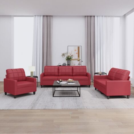 vidaXL 3-teiliges Sofaset mit Kissen Bordeauxrot Kunstleder