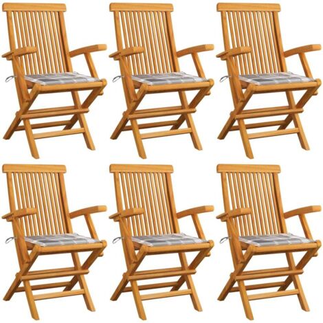 Gartenstühle Graue Karomuster-Kissen 6 Stk. Massivholz Teak vidaXL (1/5)