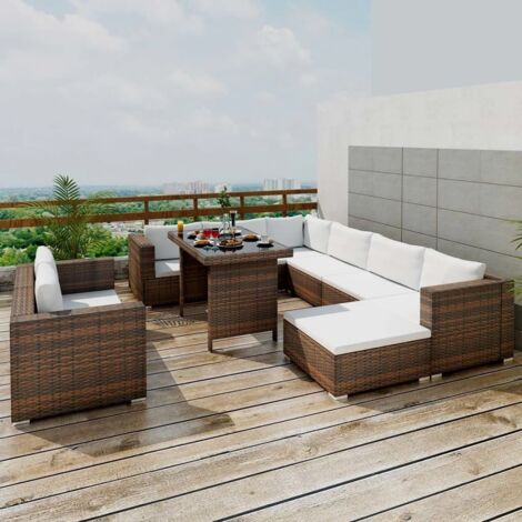vidaXL Gartenmöbelset 10 Teile mit Kissen Geflecht Braun
