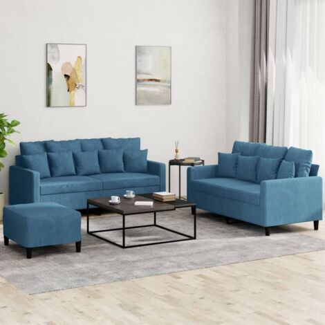 3-tlg. Sofagarnitur mit Kissen Blau Samt vidaXL