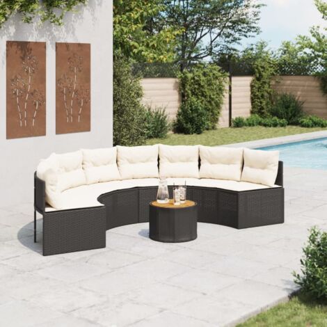 Gartensofa mit Tisch und Kissen Halbrund Schwarz Poly-Rattan vidaXL