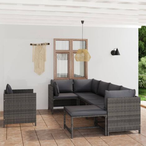 7-tlg. Garten-Lounge-Set mit Kissen Poly Rattan Grau vidaXL