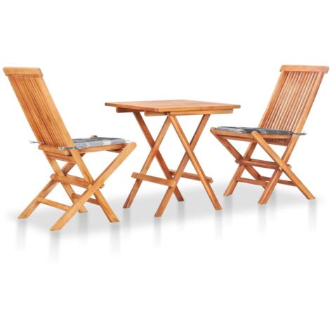3-tlg. Bistro-Set mit Kissen Grau Karomuster Massivholz Teak vidaXL