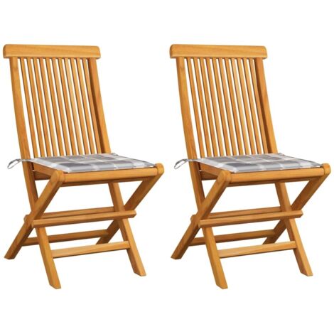 Gartenstühle Graue Karomuster-Kissen 2 Stk. Massivholz Teak vidaXL (1/5)
