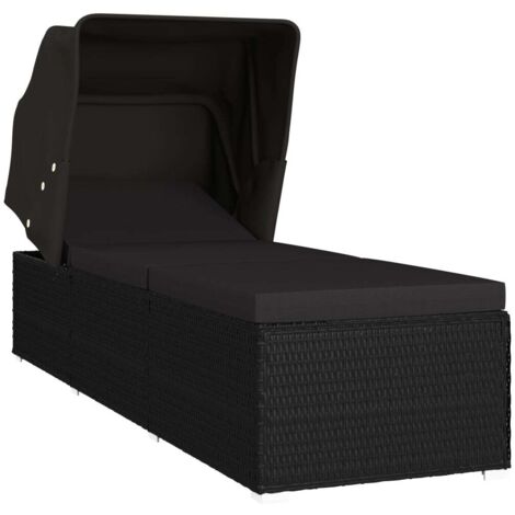 vidaXL Sonnenliege mit Sonnenschutz und Auflage Poly Rattan Schwarz