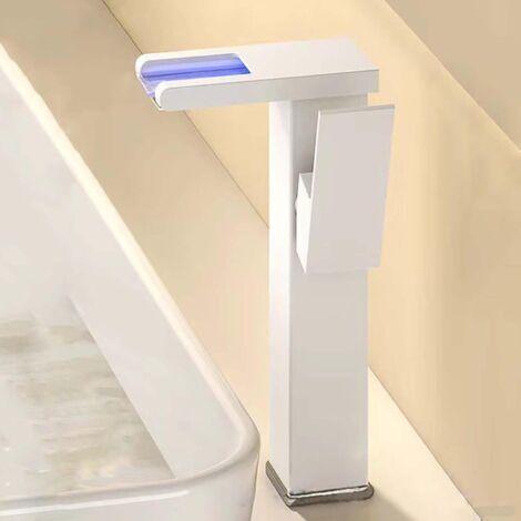 Grifo de baño LED, grifo de lavabo de latón resistente y duradero, para encimera y debajo del fregadero, blanco, alto (1/4)