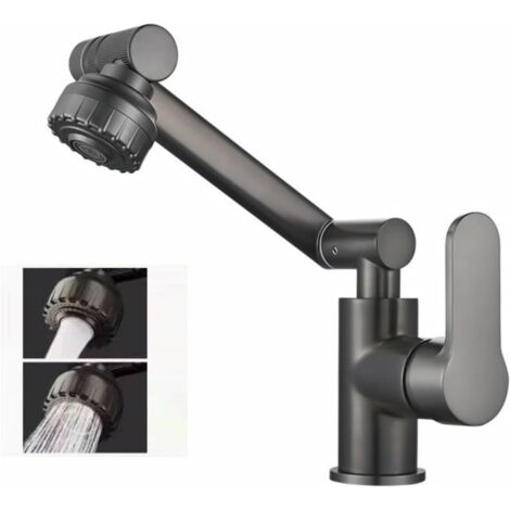Grifo de cocina, aireador de 1080°, 2 tipos de chorro, con manguera de conexión de agua fría y caliente de 60 cm - Negro (1/5)