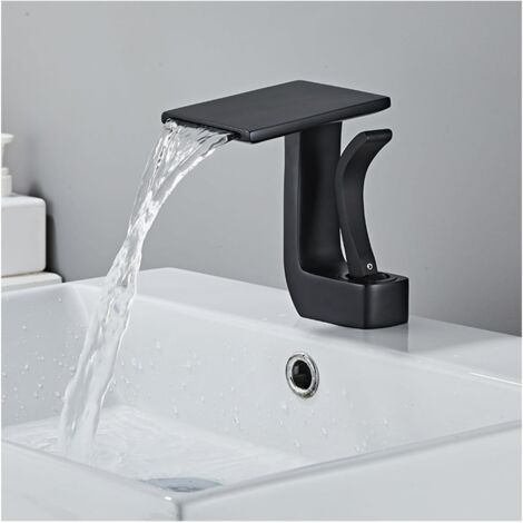 Grifo tipo cascada para lavabo de baño, con agua caliente y fría regulable, color negro. (1/3)
