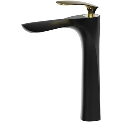 Grifo de baño, grifo de lavabo, grifo mezclador de lavabo, grifo de agua fría y caliente, corto negro y dorado (1/4)