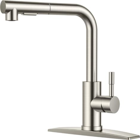 Grifo de cocina, acero inoxidable niquelado cepillado, monomando clásico extraíble con cubierta, apto para uno o tres orificios.