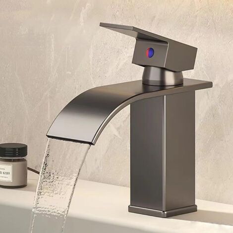 Grifo de lavabo de encimera tipo cascada, grifo mezclador de latón con agua fría y caliente disponible, gris, corto (1/4)