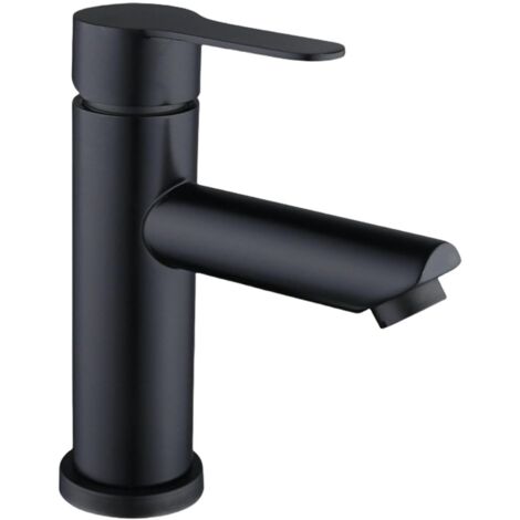 Grifo monomando de agua fría y caliente, acero inoxidable negro, caño recto, un orificio, con manguera de 60 cm. (1/5)