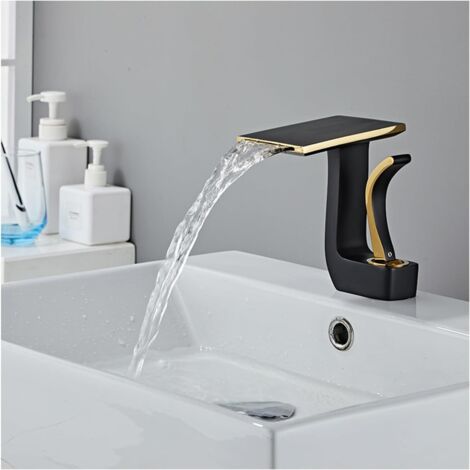 Grifo tipo cascada para lavabo de baño, con agua caliente y fría regulable, color negro y dorado. (1/3)