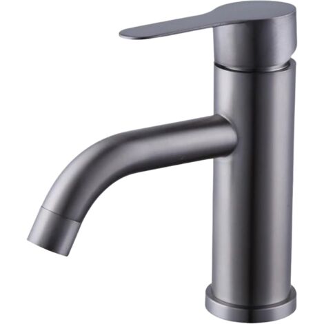 Grifo monomando de agua fría y caliente, codo de acero inoxidable gris, un orificio, con manguera de 60 cm. (1/4)