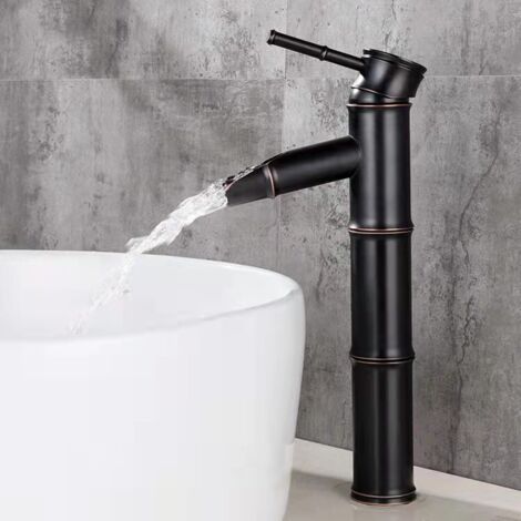 Grifo de baño, mezclador de lavabo de latón, monomando en latón negro antiguo y bambú, modelo de alta gama. (1/5)