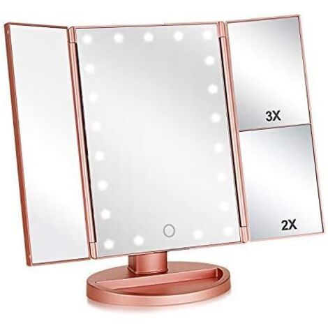 Espejo de maquillaje LED, espejo de mesa con luz LED con aumento de 1X/2X/3X y rotación de 180 grados (oro rosa). (1/5)