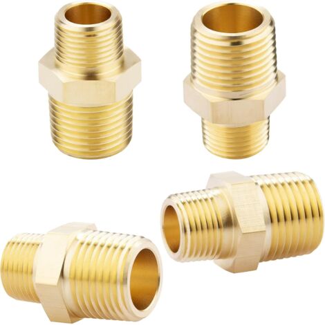 Conectores hexagonales macho de latón macizo de 1/2 NPT x 3/8 NPT, adaptadores de tubería de latón macizo, conectores de extremos iguales, 4 piezas (1/5)