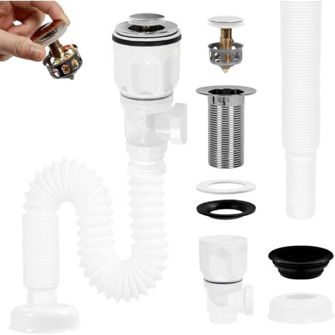 Sifón retráctil para fregadero, tapa para fregadero de cocina con manguera flexible, resistente a olores e insectos, color blanco, desagüe retráctil. (1/5)