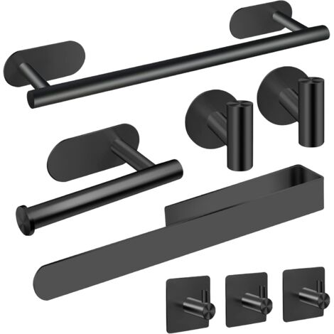 Toallero de 8 piezas, accesorios de baño en acero inoxidable 304, no requiere perforación ni pegamento, color negro. (1/5)