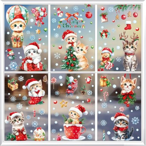 9/155 Pegatinas navideñas para ventanas, diseño de gato (30 x 20 cm) - PVC. Ideales para el hogar, escaparates y amantes de los animales.