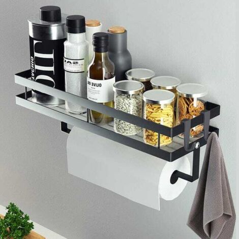 Especiero de pared sin taladrar, con soporte para papel de cocina y 4 ganchos extraíbles, 35 cm, negro.