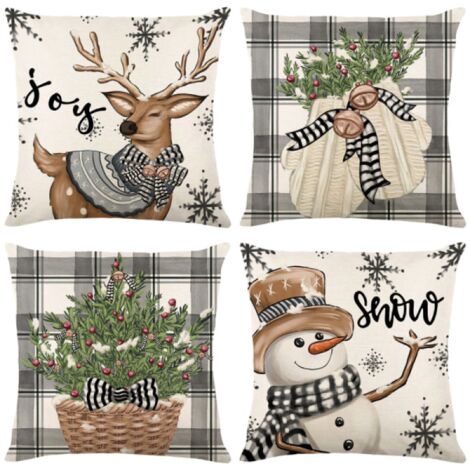 Funda de almohada navideña de lino, decoración del hogar, Papá Noel y renos, funda de cojín para sofá