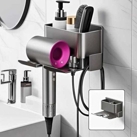 Soporte de pared para secador de pelo – Ideal para dormitorios, hoteles y baños – No requiere perforaciones, con gestión de cables – Gris