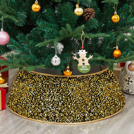 Collar de abeto dorado, falda de lentejuelas negras, adornos navideños de lentejuelas, corona de abeto, 61 cm de diámetro.
