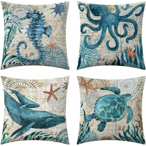 Funda de cojín impermeable (45,7 x 45,7 cm, azul) para muebles de jardín, estilo mediterráneo, funda decorativa de estilo marinero, adecuada para sofás, sillones y colchas, juego de 4 piezas.