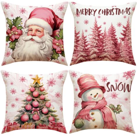 Juego de fundas de almohada navideñas rosas, 45 x 45 cm, diseño de Papá Noel y muñeco de nieve.