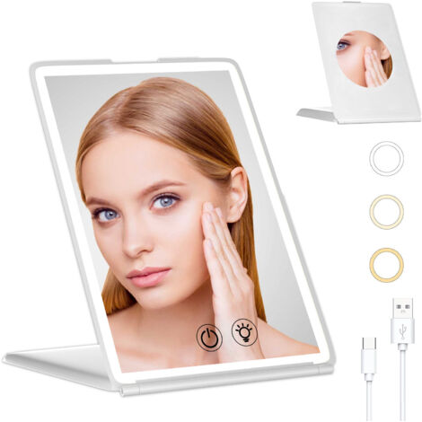Espejo de maquillaje de viaje, espejo de belleza portátil e iluminado con 72 LED, pantalla táctil de intensidad ajustable en 3 colores (blanco).
