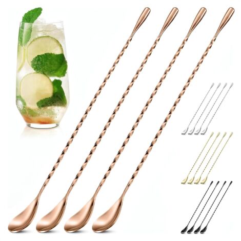 Un juego de 4 cucharillas de cóctel: una cucharilla de cóctel/mezcla de 30 cm en acero inoxidable pulido color oro rosa.