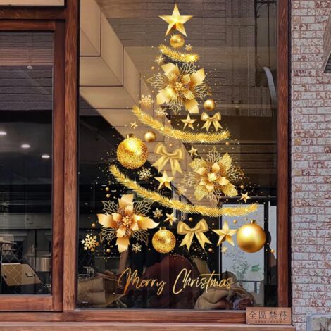 Pegatinas doradas de árbol de Navidad para ventanas de cristal, paredes grandes, puertas y escaparates (paquete de 2).