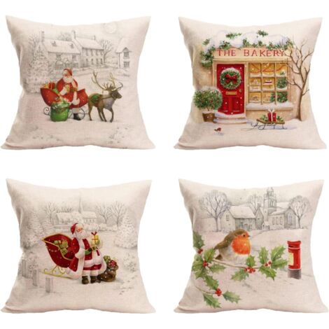 Fundas de almohada de 45 x 45 cm, fundas de almohada navideñas, hechas de algodón y lino, ideales para la decoración navideña (Santa Claus - juego de 4)