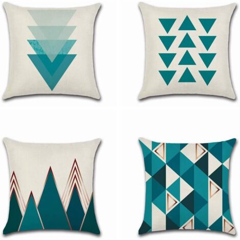 Cuatro fundas de almohada cuadradas decorativas de 45 x 45 cm, estampadas con un motivo geométrico triangular azul, confeccionadas en algodón y lino, ideales para la decoración de interiores, dormitor
