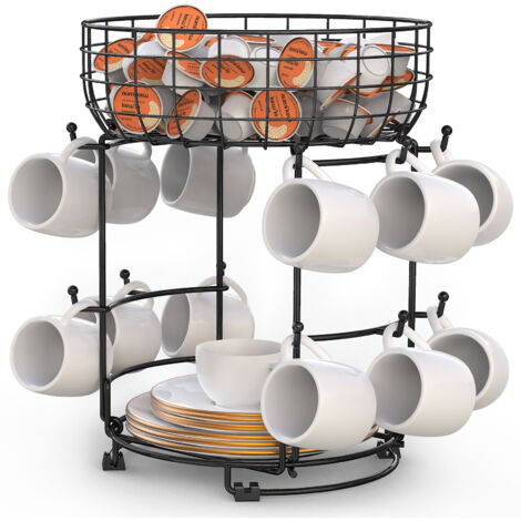 Soporte vertical de metal para tazas, ideal para guardar tazas de café y vasos, organizador de utensilios de cocina, 12 ganchos, color negro.