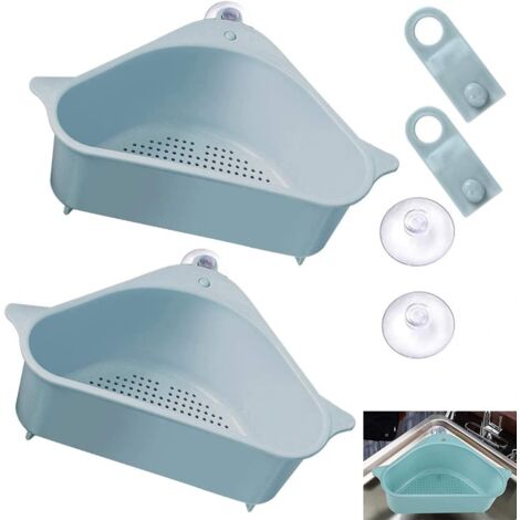 Colador de fregadero empaquetado, escurridor con filtro triangular, bandeja escurridora con ventosa, fregadero de cocina, azul.