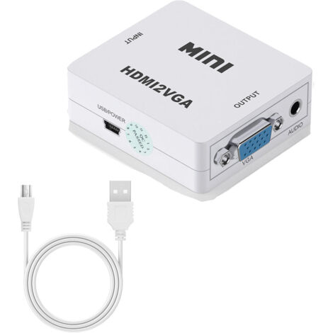 Adaptador HDMI a VGA, 1080p, conversión estable de audio/vídeo Full HD, compatible con HDTV, PC, portátil, ordenador de sobremesa, color blanco.
