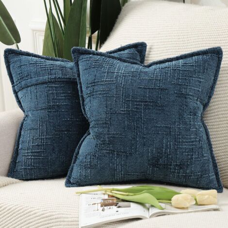 Juego de 2 fundas de cojín decorativas de chenilla, 45 x 45 cm, para sofá, sillón, estilo bohemio, cojín decorativo para cama, azul oscuro.