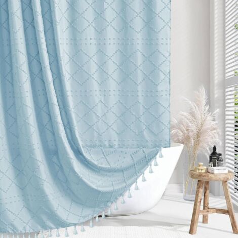 Cortina de ducha bohemia en tejido azul con borlas, 183 x 183 cm, estilo rústico minimalista moderno, estampado de espiga, azul.