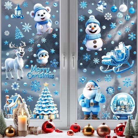 Nueve divertidas pegatinas navideñas para ventanas, pegatinas navideñas 3D para ventanas, pegatinas navideñas electrostáticas de doble cara (azul).
