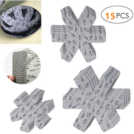 Un juego de 15 protectores de utensilios de cocina de silicona gris con estampado de estrellas, separadores antideslizantes, protectores y separadores de utensilios.