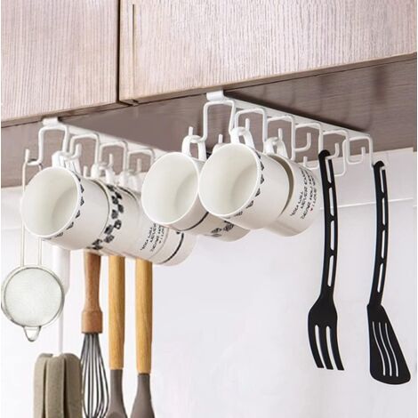 Ganchos blancos para tazas, ganchos para tazas debajo de los gabinetes, clips para utensilios de cocina y ganchos para bufandas.