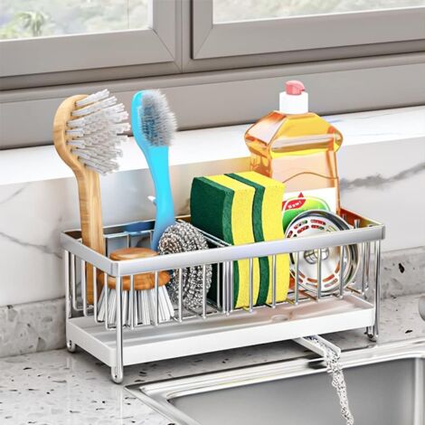 Soporte para esponja de fregadero de cocina, cuerpo de fregadero de acero inoxidable 304, con bandeja de escurrido extraíble, apto para encimeras con escurridor, color gris.