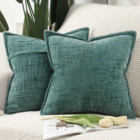 Juego de 2 fundas de cojín decorativas de chenilla, 45 x 45 cm, para sofá, sillón, estilo bohemio, cojín decorativo para cama, verde claro.