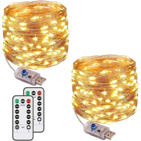 Juego de 2 guirnaldas de luces, 400 LED, 40 m, 8 modos, USB, resistentes al agua, de cobre, con mando a distancia y temporizador (blanco cálido).