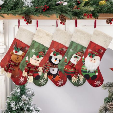 Calcetines navideños - Calcetín navideño grande con Papá Noel, muñeco de nieve, reno y elfo, calcetín familiar